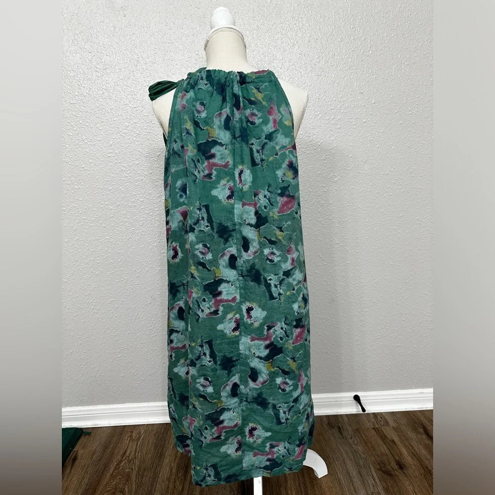 Bellambra Pure Linen Dress Made In Italy Halter Green Floral Pullover Tie Size L - Picture 5 of 10